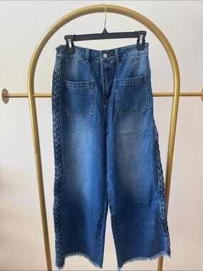 Dark Blue Wide-Leg Jeans with Braided Side Detail